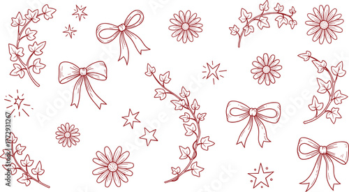 Red outlined bows, flowers, stars, and vines on white background on transparent background