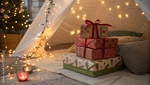 Stack of christmas presents in a tent with fairy lights