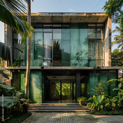 Elegant house with glass façade and plants integrated into modern architecture