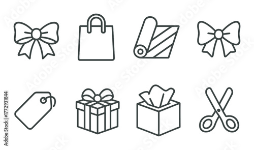 Monochrome icons of gift wrapping essentials on dark background