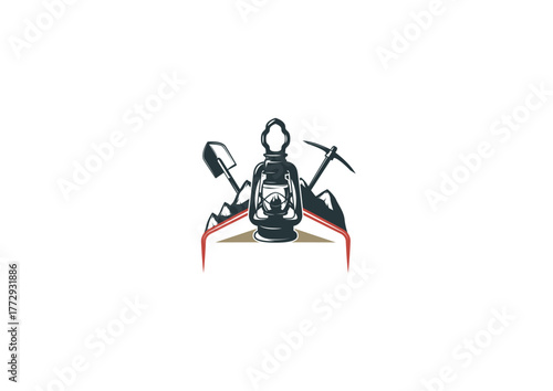 Miner with pickaxe and shovel – vintage construction logo