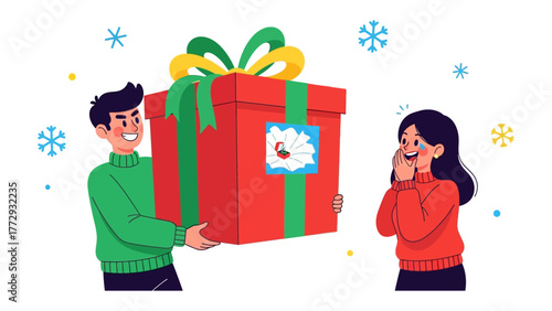 Sharing a Festive Gift: A smiling man presents a large, festive gift box to an equally delighted woman, surrounded by falling snowflakes, capturing the essence of generosity and holiday spirit.