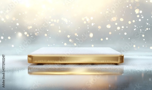 Golden display podium topping with snow against bright bokeh and falling light particles