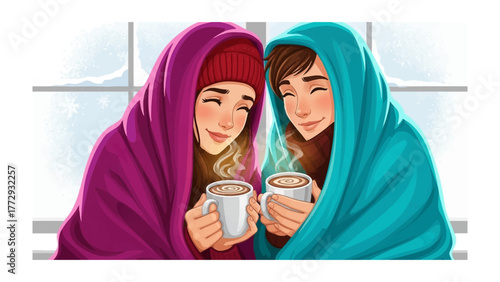 Cozy Comfort: Two young women share a tender moment of warmth, wrapped in colorful blankets, their mugs of hot drinks radiating comforting steam, set against a gentle, snowy backdrop.