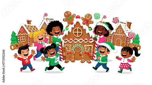 Joyful Gingerbread Celebration: A group of children of diverse backgrounds radiate pure joy as they gather around a festive gingerbread house, embodying the spirit of celebration and togetherness.