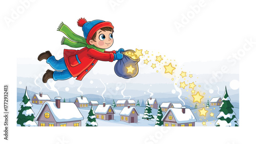 Starry Delivery: A cheerful young boy flies over a serene winter wonderland, spreading joy and enchantment as he scatters twinkling stars.