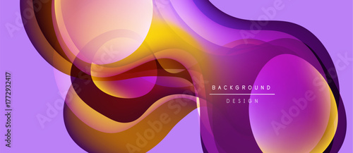 Abstract fluid shapes overlap, creating vibrant color gradients. Purple, orange, yellow hues dominate design. Modern aesthetic.