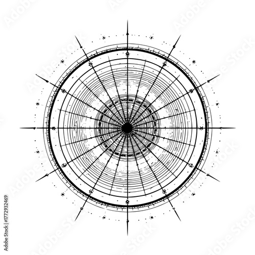 Detailed black and white compass rose design with concentric circles and radial lines emanating outward