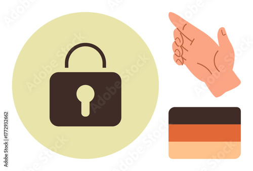 Lock design for security, hand pointing gesture, and a tri-tone color palette. Ideal for privacy, protection, access, technology, digital safety user interface and minimal design. Simple flat