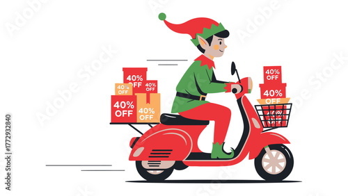 Christmas Delivery: A cheerful elf on a vintage scooter makes swift deliveries of holiday gifts, showcasing festive spirit with 40% off discounts.