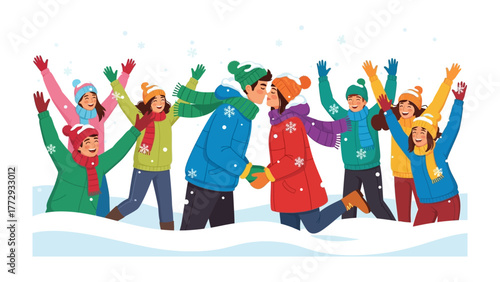 Joyful Winter Kiss: Embrace the magic of winter as a couple shares a tender kiss, surrounded by friends reveling in the falling snow, creating a scene of pure joy and companionship.
