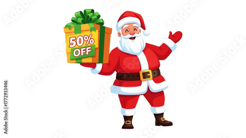 Santa with Gift and Promotion: Santa Claus cheerfully presents a festive gift box, with a bold 50% Off sticker, embodying the joy of holiday sales and cheerful promotion.