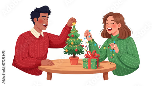 Decorating Together for the Holidays: A couple is creating the festive season by embellishing a small Christmas tree, they are enjoying an intimate moment filled with warmth, love.
