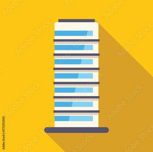 Modern high rise building with blue windows on a vibrant yellow background, representing urban architecture