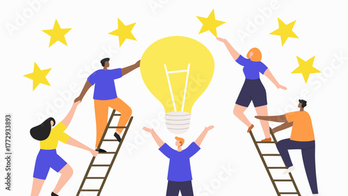 Diverse team of people collaborating to reach a bright idea lightbulb and achieve success with stars
