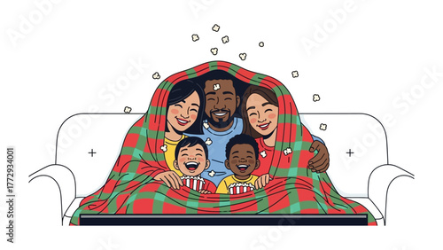 Cozy Family Under Blanket: A heartwarming illustration of a diverse family, snuggled together under a festive blanket, radiating love and happiness.