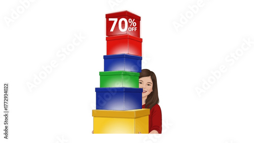 Stacked Discount Wonders: A woman peeks behind a colorful tower of gift boxes advertising a 70% off sale, with a sense of excitement.