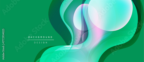 Abstract fluid shapes overlap, creating dynamic green, turquoise gradients. Modern design evokes movement, energy, sophistication.