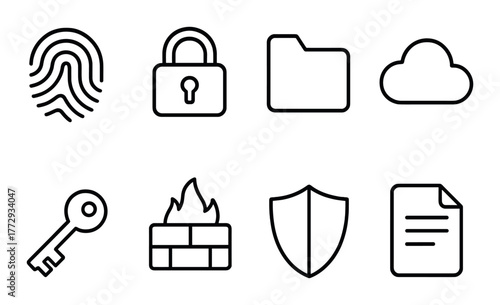 Digital security icons: fingerprint, lock, cloud, firewall, shield, document