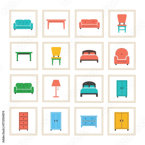 Modular Furnishings: A grid arrangement of curated interior furniture elements. Each piece is set within a framed enclosure, with various color variations.