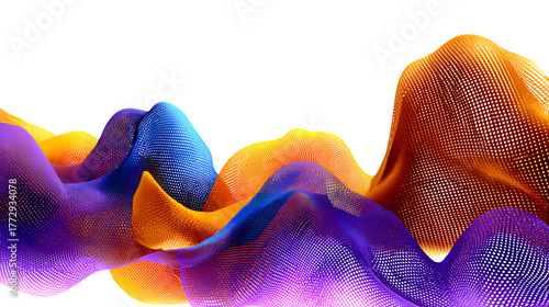 Vibrant abstract 3d landscape with flowing organic shapes and textured surfaces in purple and orange