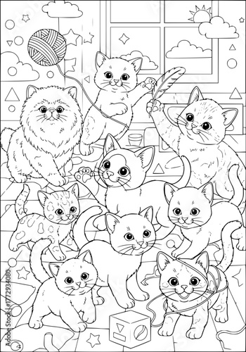 kittens of different breeds play together. coloring book