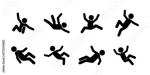 Collection of Stickman Falling Silhouettes in Various Dynamic Poses and Movements.