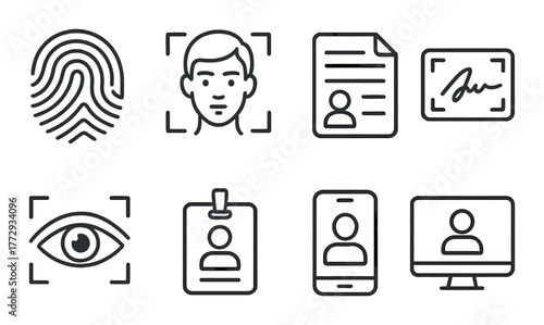 Biometric verification icons: fingerprint, face recognition, eye id, digital signature