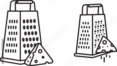 Minimalist outline drawings of cheese graters with cheese wedges.
