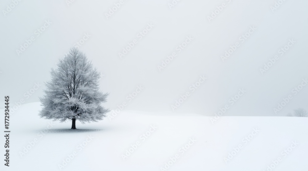Fototapeta premium Minimalist winter landscape with a single snow-covered tree 
