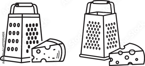 Minimalist Line Art of Box Graters with Swiss Cheese Wedges