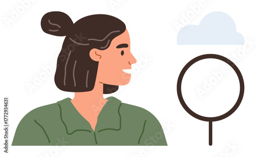 Woman with bun hairstyle in green shirt glances thoughtfully at empty round signpost. Cloud floats above, hinting contemplation, direction, decision-making. Ideal for guidance, choice, growth