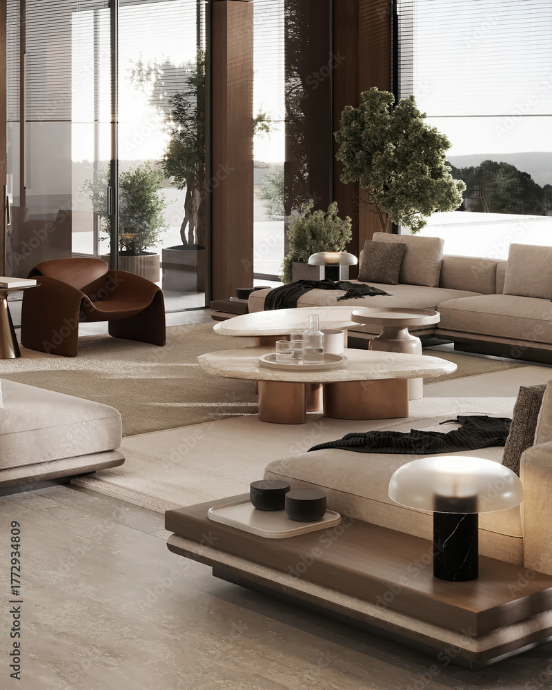 Obraz premium Modern living room with stylish furniture, neutral tones, and ample natural light. Elegant and luxury interior open living room with night lighting, travertine tv wall, bookshelf, wooden floor.