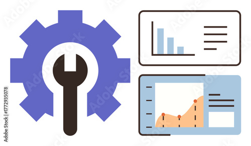 Blue gear with wrench emphasizes solutions alongside bar and line charts for analyzing trends. Ideal for strategy, development, problem-solving, innovation, analytics, management, simple flat