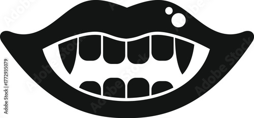 Monochrome illustration of vampire lips revealing sharp fangs, creating a sinister and menacing impression