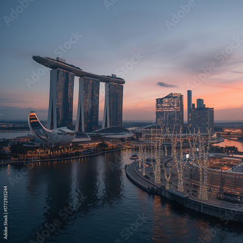 The description portrays a modern city by the water, featuring large, futuristic illuminated buildings and a prominent hotel with three interconnected towers resembling a ship.