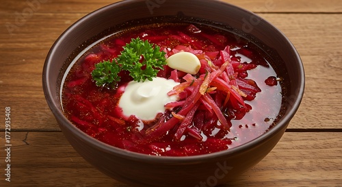 Close-up of borscht, a hearty beet soup, garnished with sour cream, parsley, and garlic