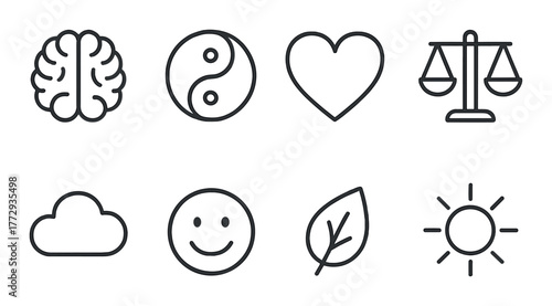 Minimalistic icons: brain, yin yang, heart, scales, cloud, smile, leaf, sun on gradient background