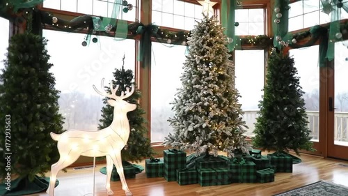 Festive christmas scene with decorated trees and glowing deer in a bright room