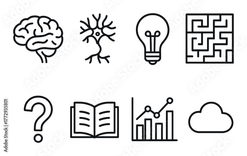Conceptual symbols: brain, neuron, lightbulb, maze, book, graph, cloud, question mark