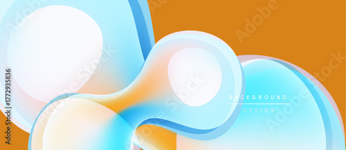 Abstract fluid shapes overlap, creating dynamic orange, blue gradients. Modern design evokes movement, energy, visual interest.