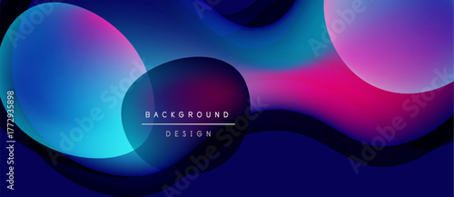 Abstract fluid shapes blend, creating vibrant gradients. Blue, pink, purple hues dominate design. Modern, dynamic composition.