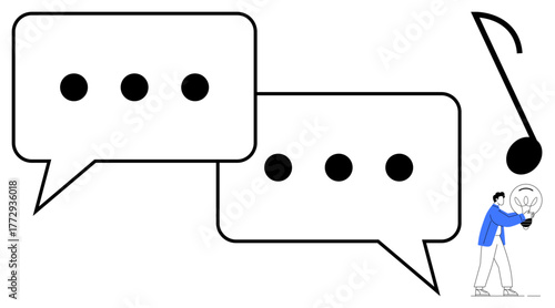 Two speech bubbles, a musical note, and a person holding a glowing lightbulb highlight communication, creativity, collaboration, music, brainstorming, personal growth, and innovation in a simple flat