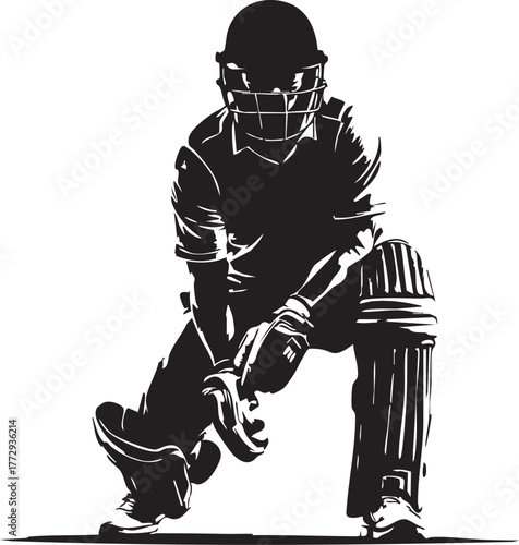 Cricket player in crouched stance with protective gear black and white vector illustration for sports action and athletic focus