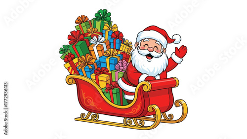 Santa's Christmas Delivery: The joyous figure of Santa Claus, brimming with holiday cheer, pilots his sleigh overflowing with colorful, wrapped presents.