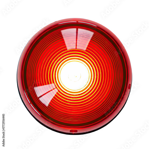 Close up of a bright red circular car tail light lens with concentric rings isolated on transparent background