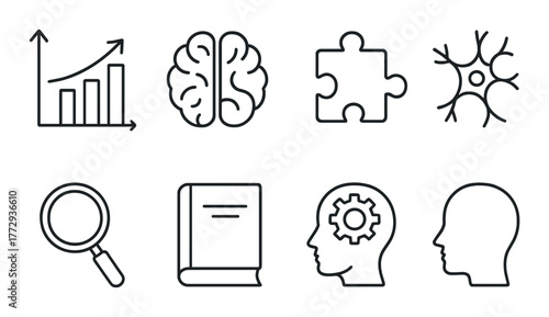 Set of iconic symbols representing brain function, growth, and learning concepts