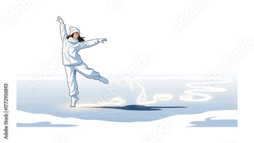Ice Skating Ballerina: A graceful ballerina, clad in white, performs a delicate dance on ice, leaving trails of ethereal light, epitomizing poise and artistic expression.
