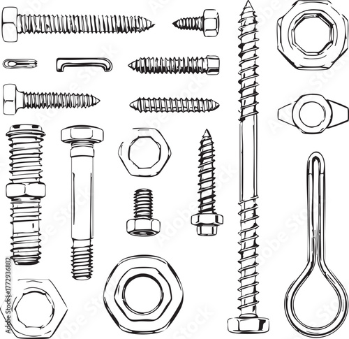 Mechanical fasteners and hardware components black and white vector illustration for engineering construction and DIY design