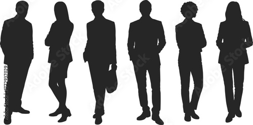 Business silhouettes of diverse professionals standing confidently with briefcases and bags, teamwork concept, leadership diversity, corporate office collaboration illustration vector